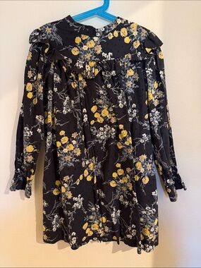 Black Floral Ruffle-Yoke Dress with Yellow Blooms